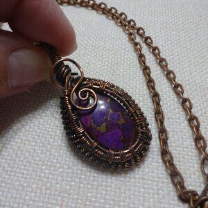 Rustic PURPLE TURQUOISE Handmade COPPER WIRE-WRAPPED Pendant on a 18" Chain 827B